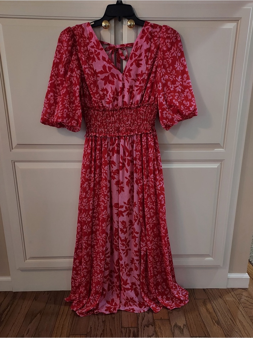 Taylor Red & Pink Floral Smocked Puff Sleeve Maxi Dress - Size 6
